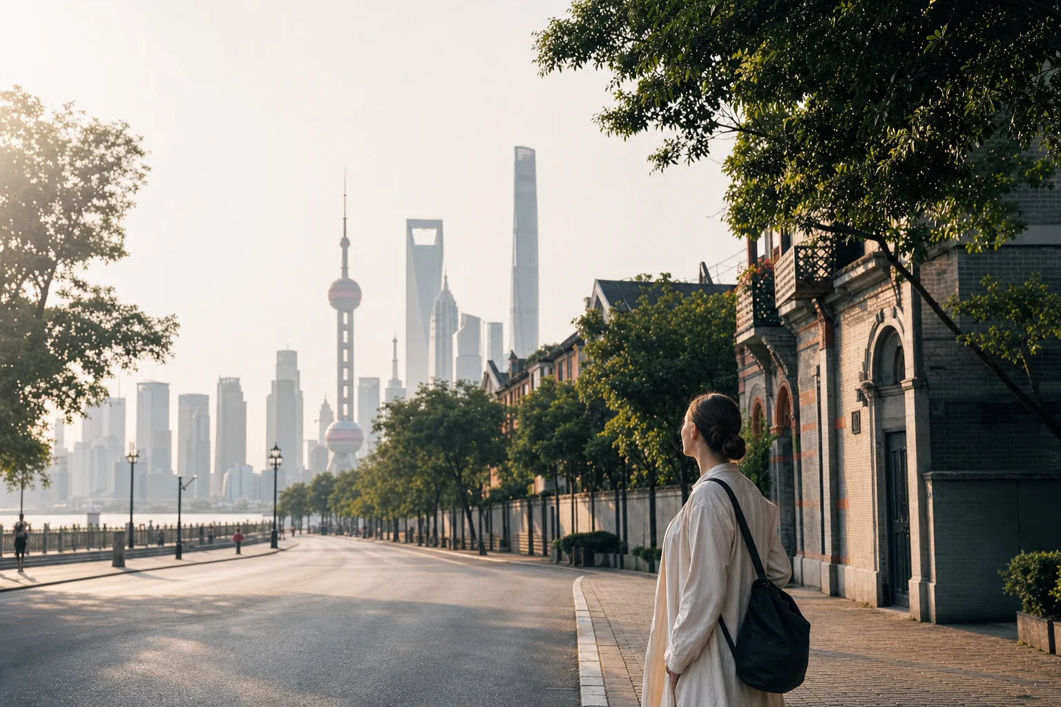 A traveler looking across a quiet Shanghai street toward the skyline